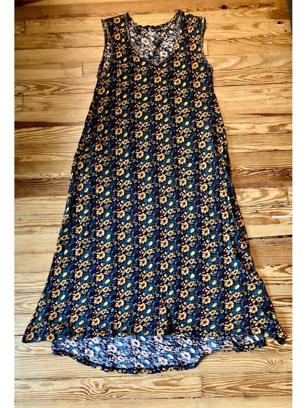 Natural Life Navy Sunflower Ditsy Floral Knit Sleeveless Maxi Tank Dress Boho S